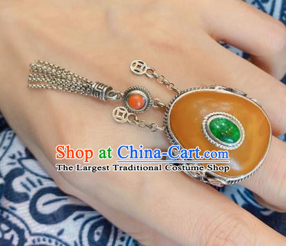 Chinese National Jewelry Beeswax Circlet Handmade Silver Tassel Finger Ring