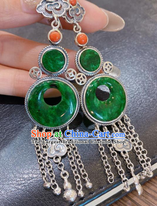 China Classical Jadeite Earrings Traditional Handmade Silver Tassel Ear Accessories