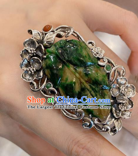 Chinese Jadeite Leaf Circlet Handmade Silver Tassel Finger Ring National Jewelry