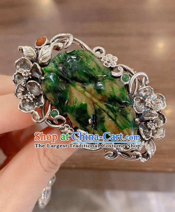 Chinese Jadeite Leaf Circlet Handmade Silver Tassel Finger Ring National Jewelry