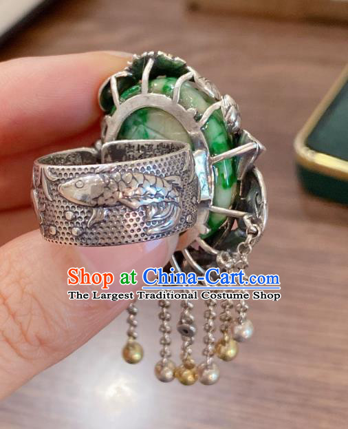 Chinese National Jewelry Jadeite Carving Plum Circlet Handmade Silver Tassel Finger Ring