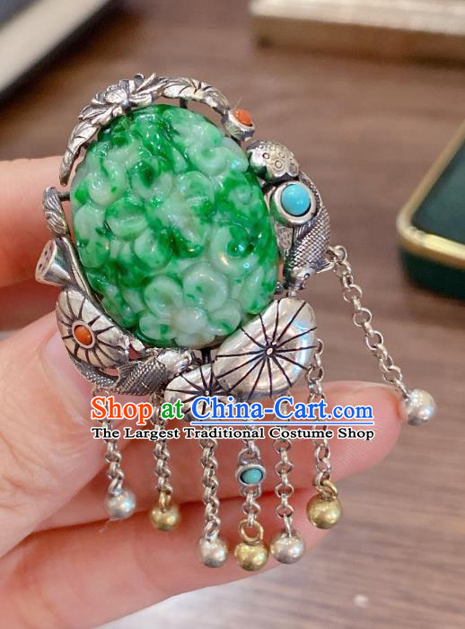 Chinese National Jewelry Jadeite Carving Plum Circlet Handmade Silver Tassel Finger Ring