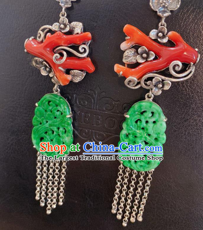 China Classical Red Branch Earrings Traditional Handmade Jade Carving Silver Tassel Ear Accessories