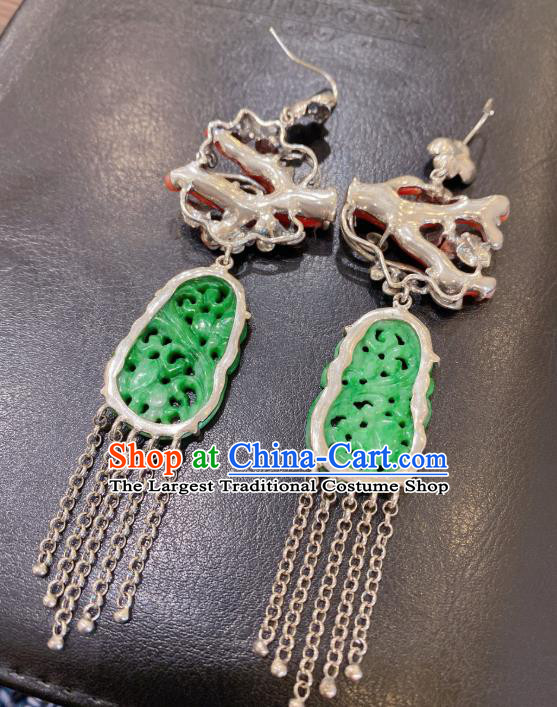 China Classical Red Branch Earrings Traditional Handmade Jade Carving Silver Tassel Ear Accessories
