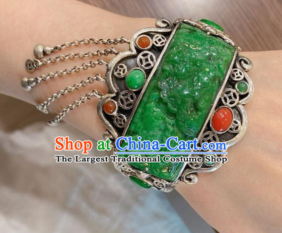 Handmade Chinese Traditional Silver Tassel Bangle Accessories National Jadeite Bracelet