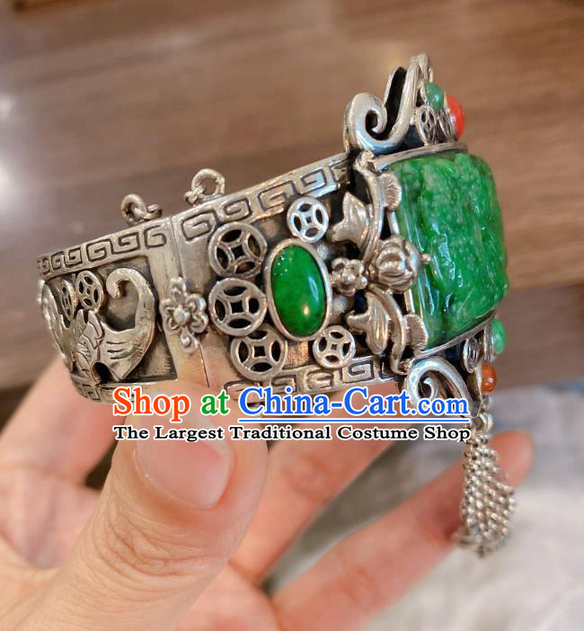Handmade Chinese Traditional Silver Tassel Bangle Accessories National Jadeite Bracelet
