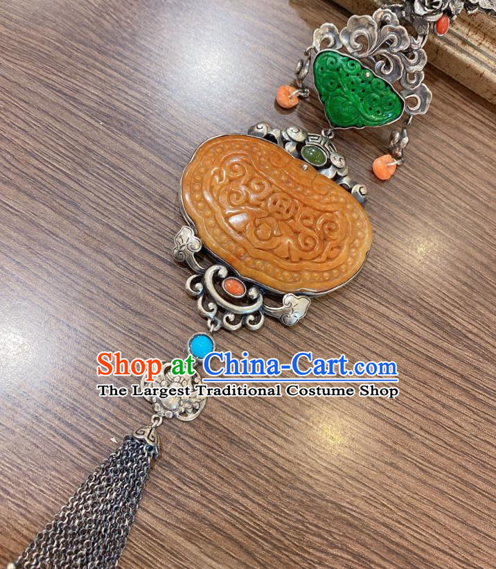Handmade Chinese Traditional Wedding Jade Accessories National Silver Necklace Pendant