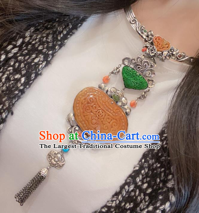 Handmade Chinese Traditional Wedding Jade Accessories National Silver Necklace Pendant