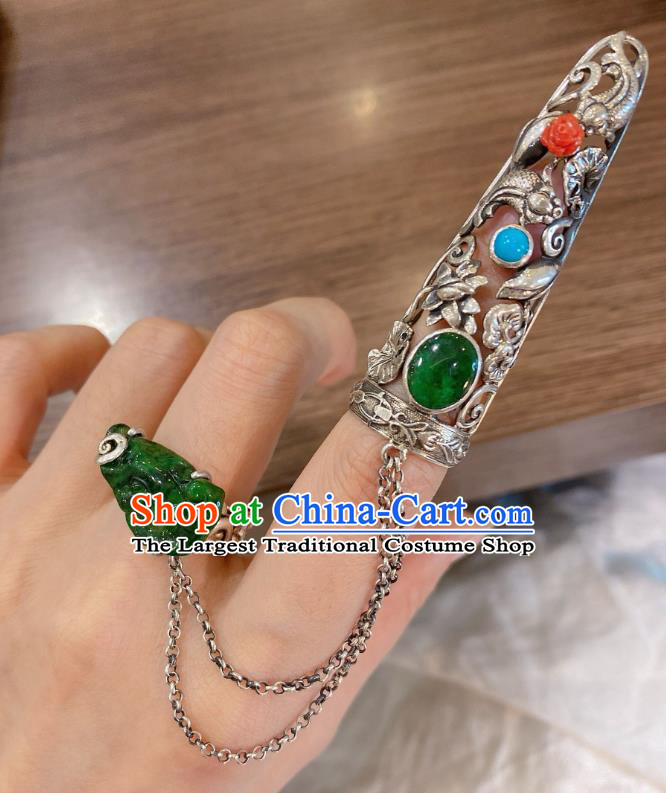 Chinese Handmade National Silver Circlet Finger Jewelry Jadeite Ring with Nail Wrap