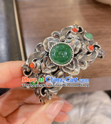 Handmade Chinese National Silver Carving Bangle Traditional Jadeite Accessories Bracelet