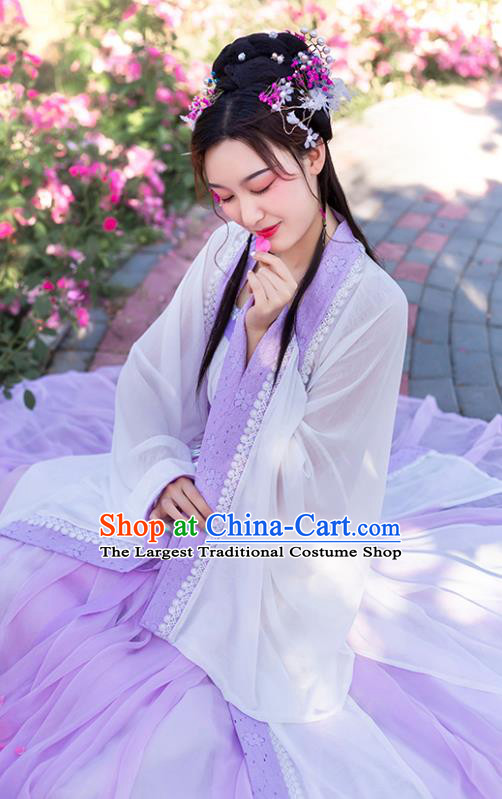 China Traditional Ming Dynasty Young Lady Historical Clothing Ancient Goddess Lilac Hanfu Dress for Women