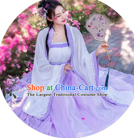 China Traditional Ming Dynasty Young Lady Historical Clothing Ancient Goddess Lilac Hanfu Dress for Women