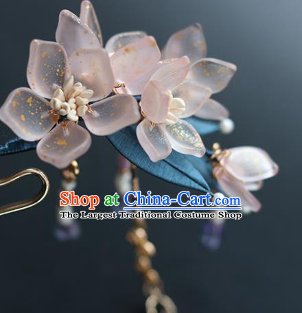 China Traditional Ming Dynasty Tassel Hairpin Classical Pink Flowers Hair Stick