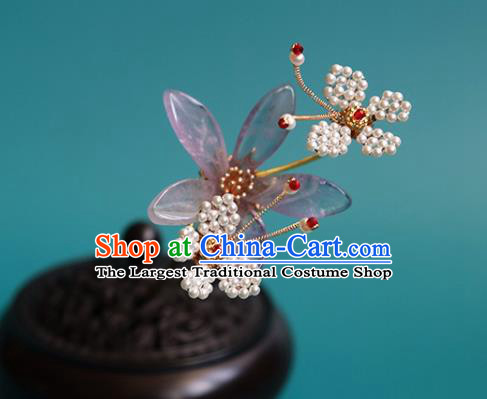 China Traditional Ming Dynasty Princess Lilac Flower Hairpin Classical Hanfu Beads Butterfly Hair Stick