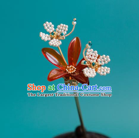 China Handmade Red Flower Hairpin Classical Hanfu Beads Butterfly Hair Stick Traditional Ming Dynasty Princess Hair Accessories