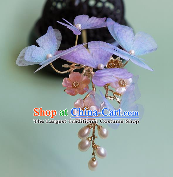 China Traditional Ming Dynasty Princess Hair Accessories Handmade Lilac Silk Butterfly Hairpin