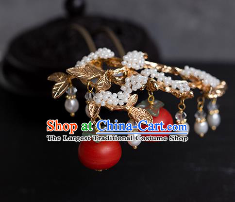 China Handmade New Year Hairpin Traditional Ming Dynasty Princess Red Persimmon Hair Stick