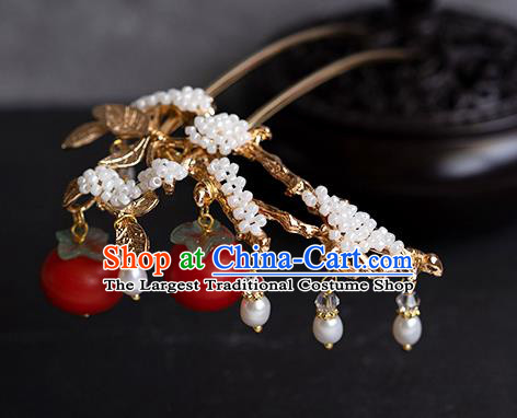 China Handmade New Year Hairpin Traditional Ming Dynasty Princess Red Persimmon Hair Stick