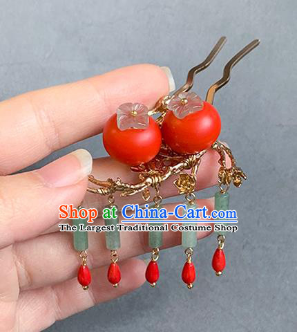 China Traditional Ming Dynasty Princess Tassel Hair Stick Handmade New Year Red Persimmon Hairpin