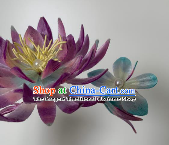 China Classical Purple Velvet Epiphyllum Hairpin Traditional Qing Dynasty Imperial Consort Hair Stick