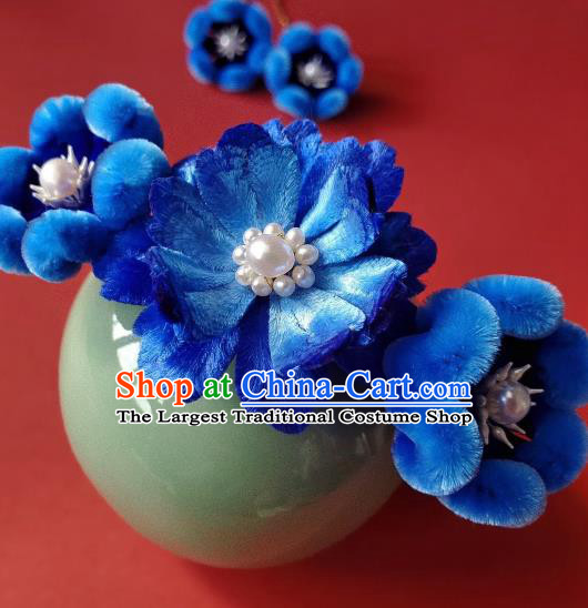 China Traditional Qing Dynasty Imperial Consort Royalblue Velvet Plum Hair Stick Classical Pearls Hairpin
