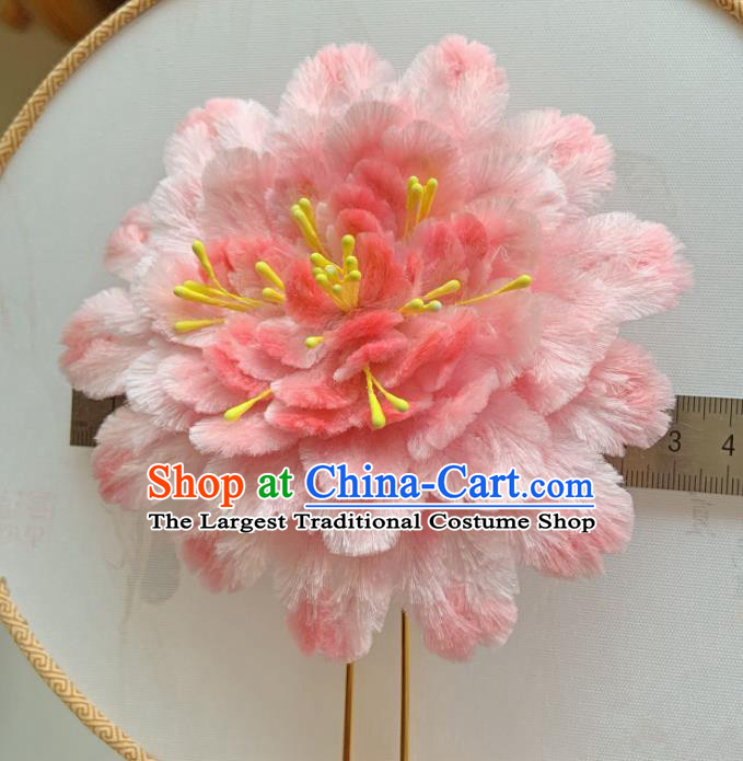 Traditional China Ancient Qing Dynasty Queen Hair Stick Classical Pink Velvet Peony Hairpin