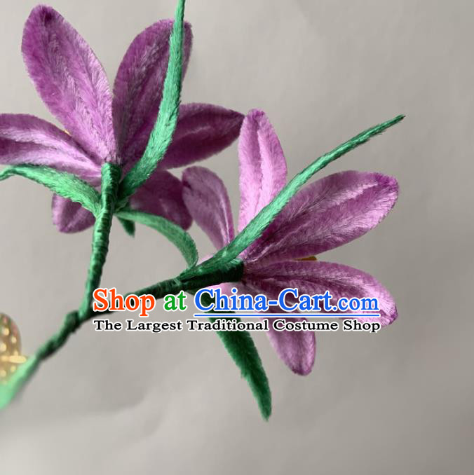 China Classical Violet Velvet Flowers Hairpin Ancient Traditional Qing Dynasty Court Woman Hair Stick