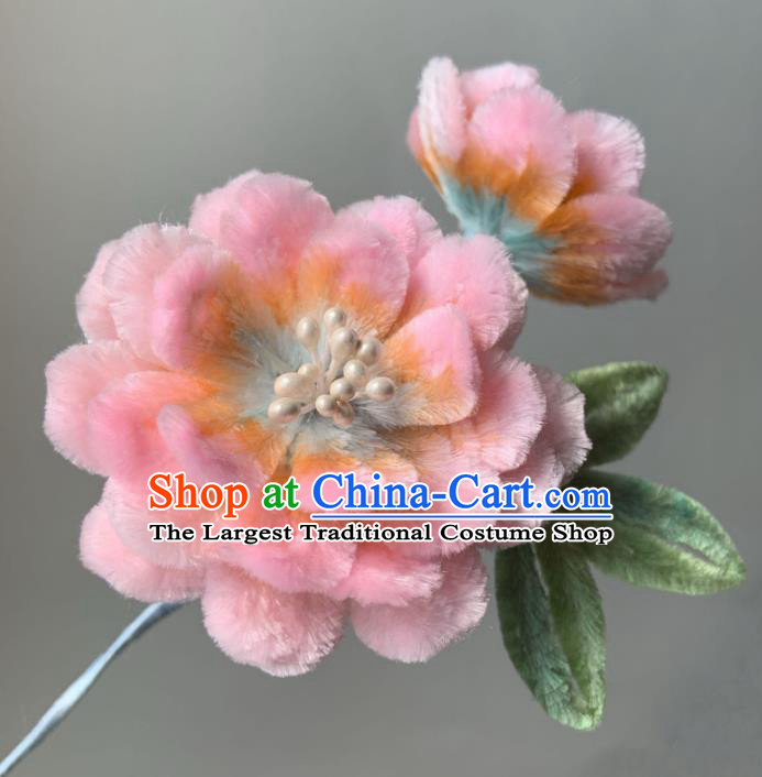 China Traditional Ancient Qing Dynasty Princess Hair Stick Classical Pink Velvet Peony Hairpin
