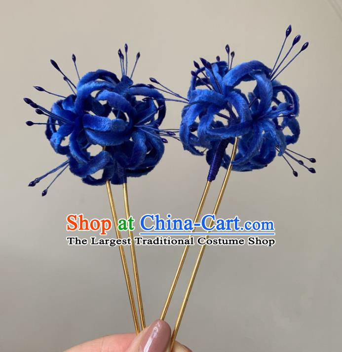 China Classical Blue Velvet Manjusaka Hairpin Traditional Qing Dynasty Accessories Hair Stick