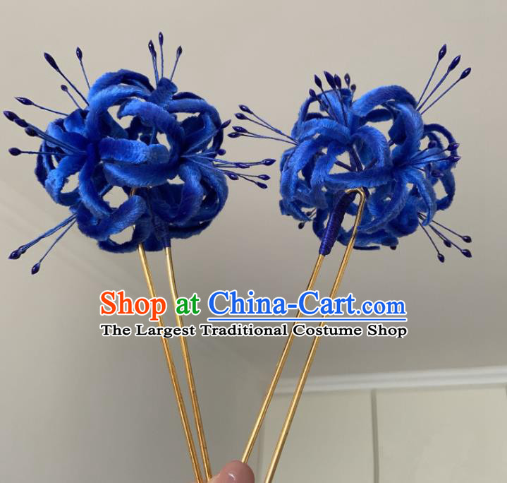 China Classical Blue Velvet Manjusaka Hairpin Traditional Qing Dynasty Accessories Hair Stick