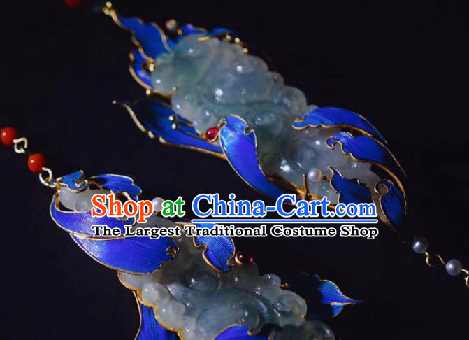 Chinese Ancient Qing Dynasty Blueing Ear Accessories Traditional Culture Jewelry Jade Earrings