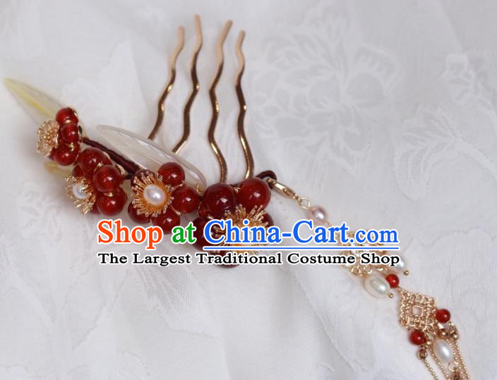 China Traditional Ming Dynasty Princess Red Plum Hair Comb Classical Hanfu Tassel Hairpin