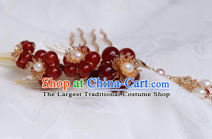 China Traditional Ming Dynasty Princess Red Plum Hair Comb Classical Hanfu Tassel Hairpin