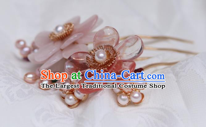 China Classical Hanfu Pearls Hairpin Traditional Ming Dynasty Princess Rose Quartz Flower Hair Comb