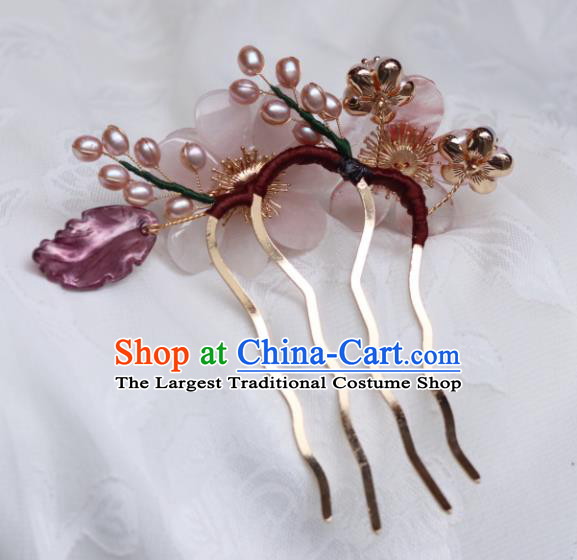 China Classical Hanfu Pearls Hairpin Traditional Ming Dynasty Princess Rose Quartz Flower Hair Comb