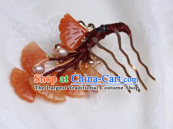 China Classical Hanfu Red Ginkgo Leaf Hairpin Traditional Ming Dynasty Princess Shell Plum Hair Comb