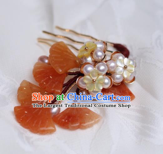 China Classical Hanfu Red Ginkgo Leaf Hairpin Traditional Ming Dynasty Princess Shell Plum Hair Comb