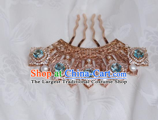China Traditional Ming Dynasty Princess Hairpin Classical Hanfu Blue Zircon Hair Comb