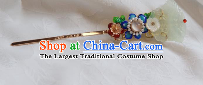 China Traditional Qing Dynasty Jade Butterfly Hairpin Classical Blueing Flower Hair Stick