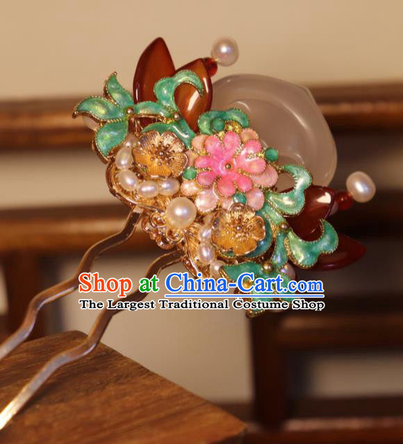 China Classical Pearls Enamel Hair Stick Traditional Qing Dynasty Jade Peach Hairpin