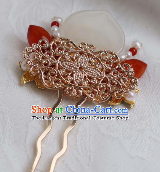 China Classical Pearls Enamel Hair Stick Traditional Qing Dynasty Jade Peach Hairpin