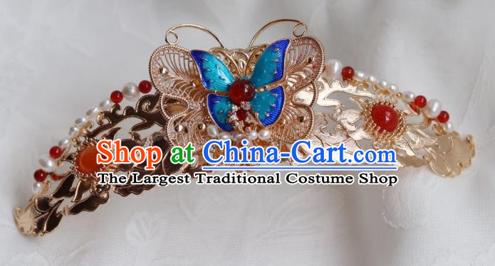China Classical Blueing Butterfly Hair Crown Traditional Ming Dynasty Princess Hairpin