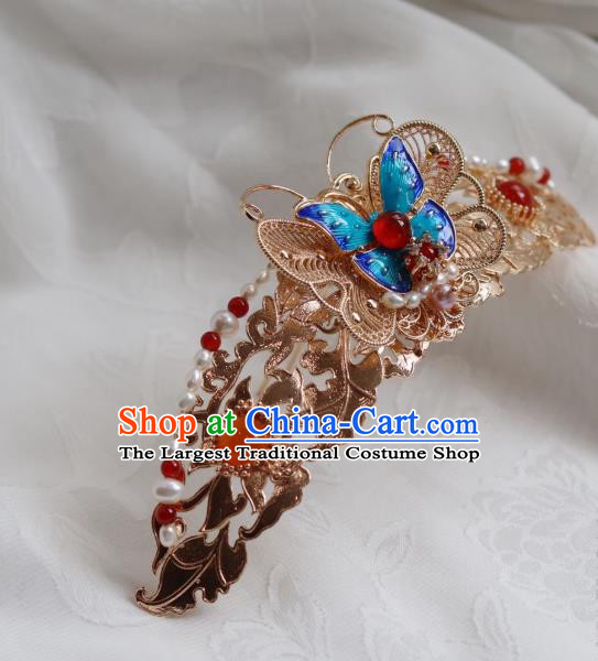 China Classical Blueing Butterfly Hair Crown Traditional Ming Dynasty Princess Hairpin