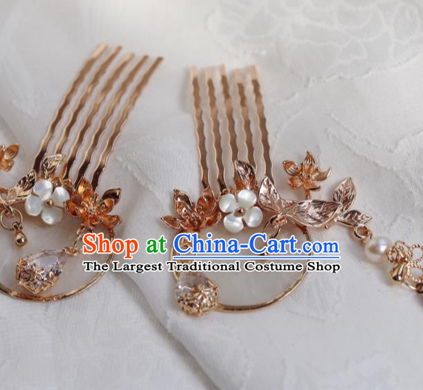 China Classical Golden Tassel Hair Comb Traditional Ming Dynasty Princess Shell Hairpin