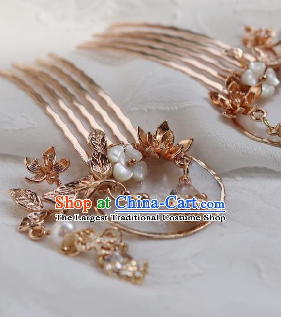 China Classical Golden Tassel Hair Comb Traditional Ming Dynasty Princess Shell Hairpin