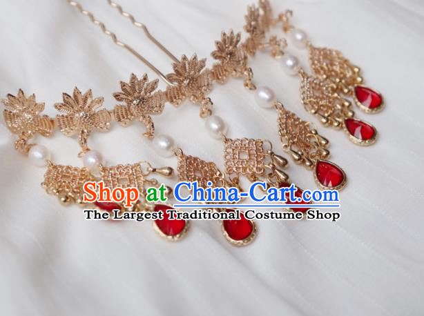 China Traditional Ming Dynasty Golden Phoenix Hair Stick Ancient Princess Red Crystal Hairpin