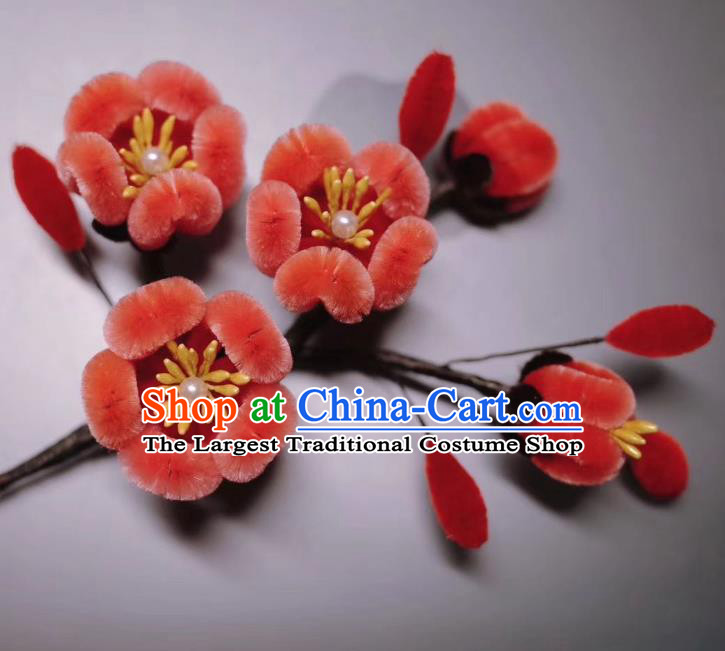 China Traditional Qing Dynasty Palace Lady Flower Hair Stick Classical Red Velvet Plum Blossom Hairpin