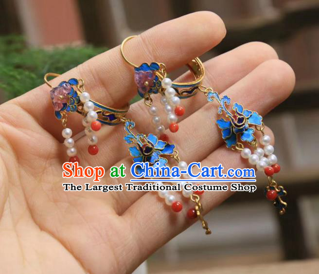 Chinese Blue Butterfly Earrings Ancient Qing Dynasty Pearls Tassel Ear Accessories Traditional Culture Jewelry