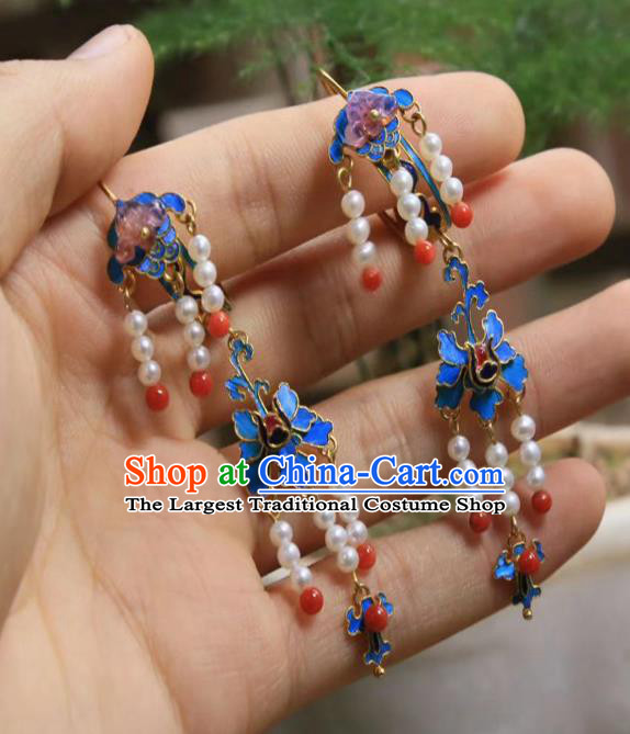 Chinese Blue Butterfly Earrings Ancient Qing Dynasty Pearls Tassel Ear Accessories Traditional Culture Jewelry