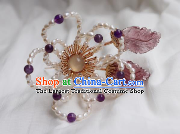 China Ancient Princess Amethyst Hairpin Traditional Ming Dynasty Pearls Plum Hair Stick